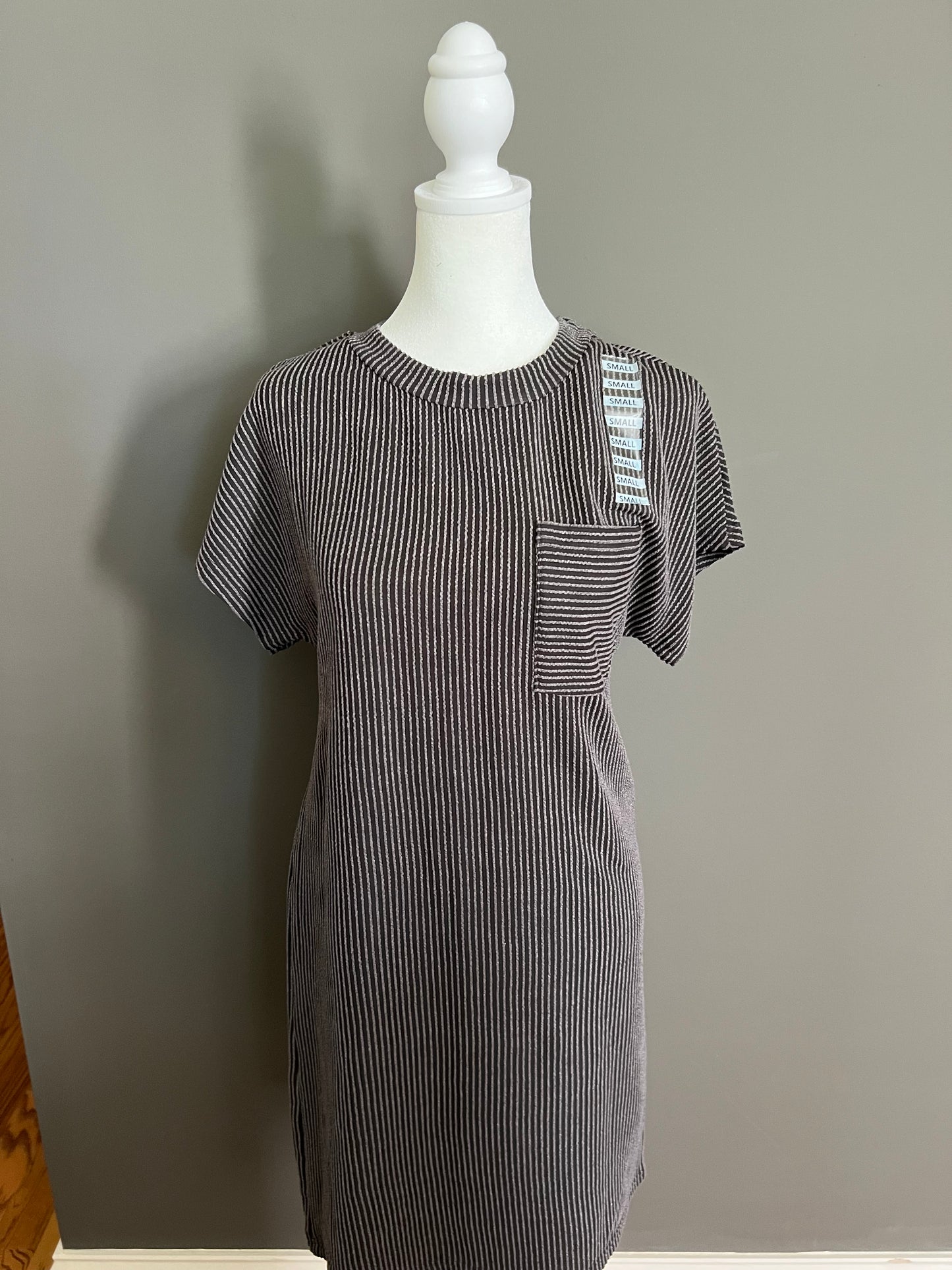 Gray & Black Striped Ribbed Knit T-Shirt Dress